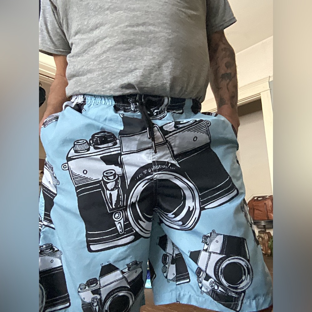 Blue Camera Print swim trunks